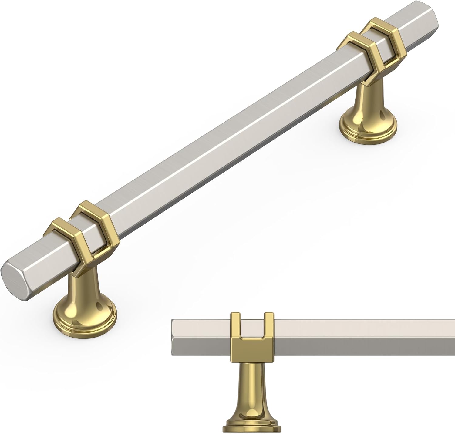 Amerdeco 10 Pack Brushed Satin Nickel and Gold Cabinet Pulls 5 Inch(128mm) Hole Center Drawer Pulls Cabinet Hardware Kitchen Cabinet Handles for Bathroom ZH0091